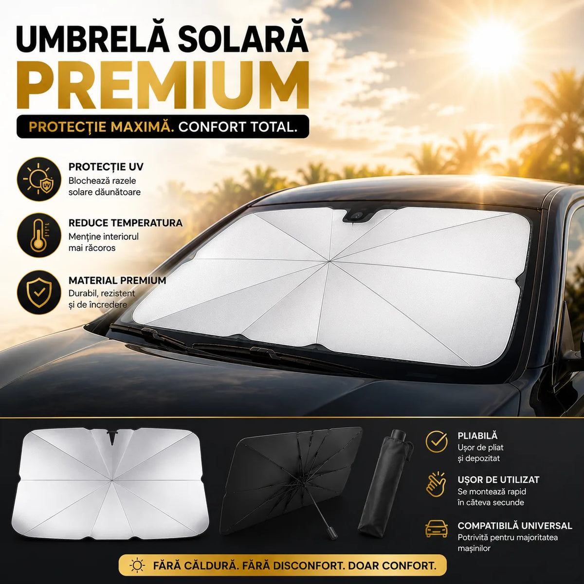 Parasolar Pliabil pentru Parbriz – Umbrelă cu Husă